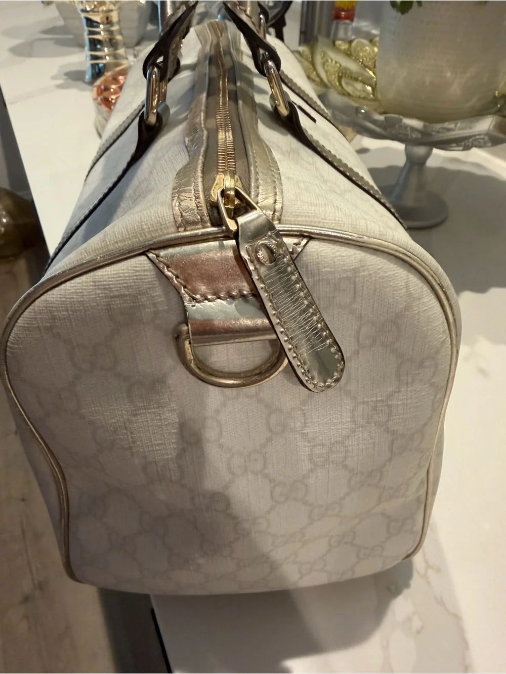 Authentic Gucci Metallic-Trim Monogram Boston Bag